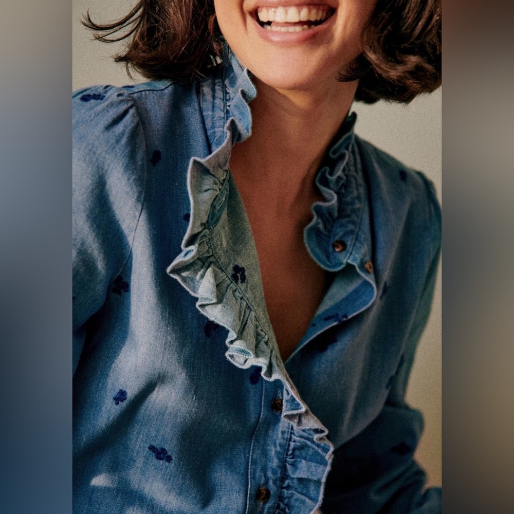 Sézane Chlo Blue Ruffle Denim Shirt Floral Embroidery